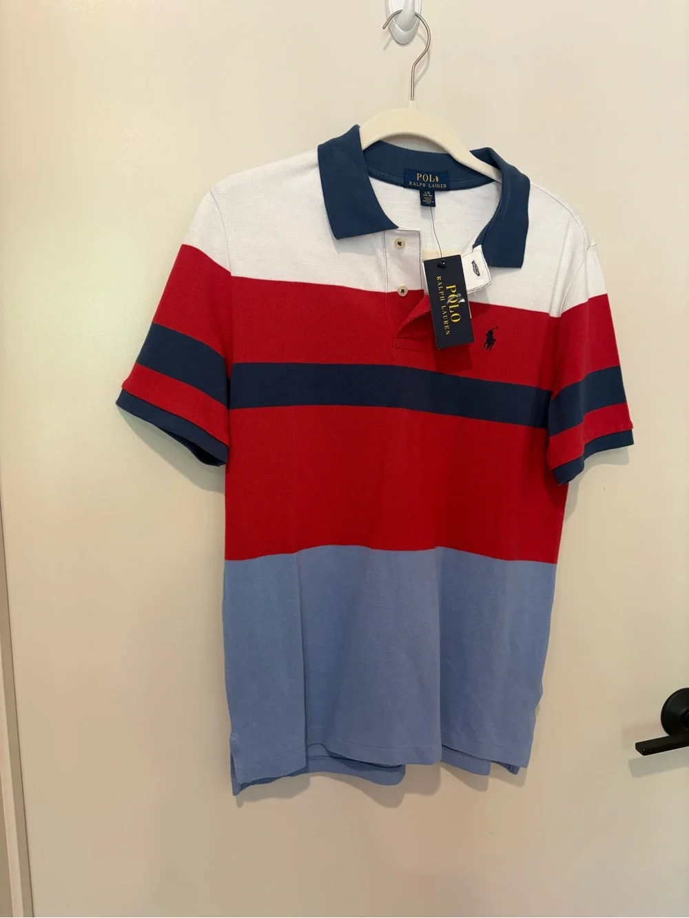 NWT Polo Ralph Lauren Red Navy Blue Striped Polo Cotton Golf Preppy 14-16 L